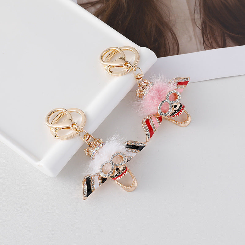 Wholesale Diamond Inlaid Plush Skull Metal Keychain